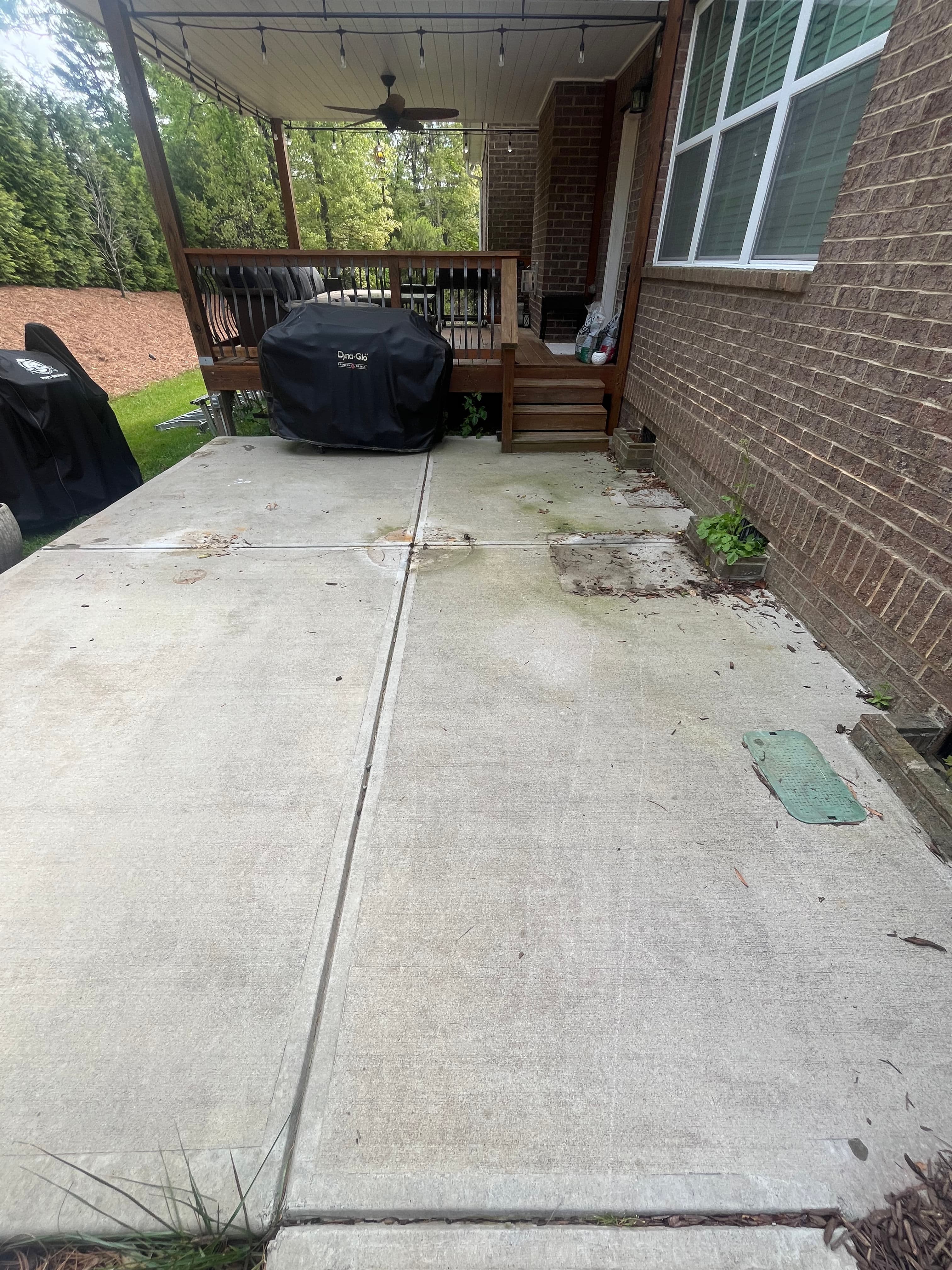 Back patio with concrete slab, grill cover, and overgrown greenery near wooden steps.